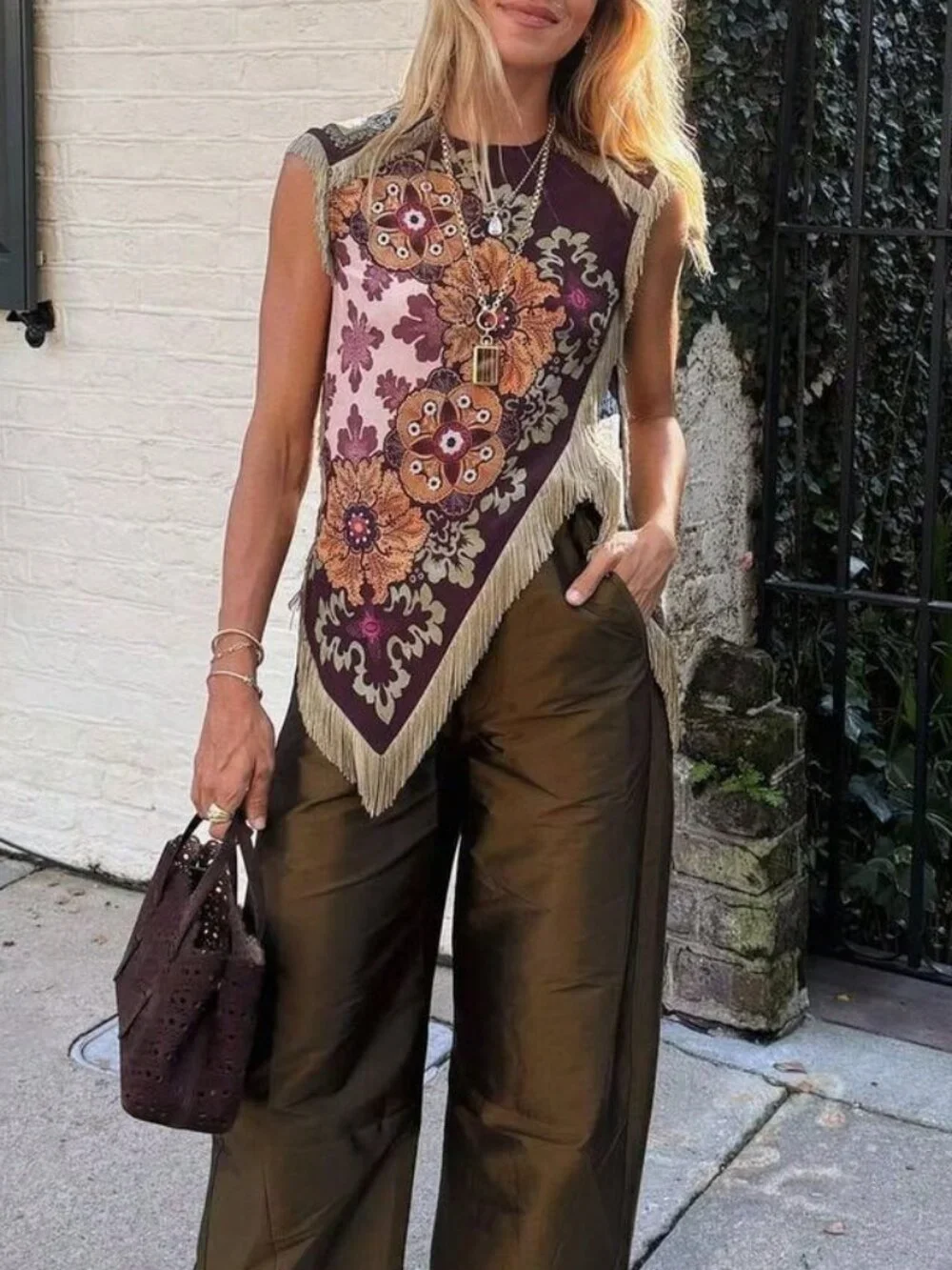 Burgundy Casual Women's Beaded Rhinestone Tiered Long Regular Sleeveless Vest